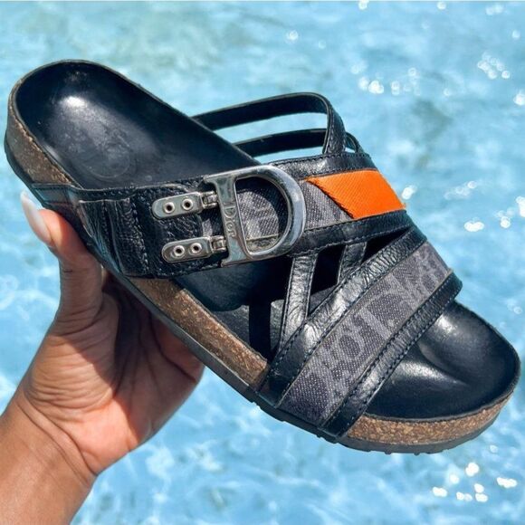 DIOR Dark Blue Leather & Trotter 'D' Buckle Cross Strap Flat Sandals Siz… - Picture 9 of 11